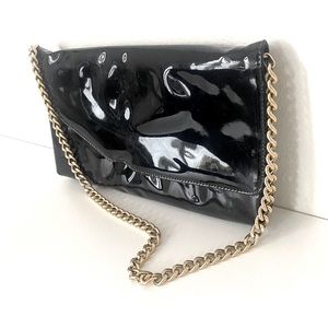 Vintage 80s Black Shiny Vinyl New Wave Goth Clutch Purse Gold Chain Retro Mod